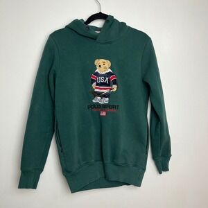 Polo Ralph Lauren Green Embriodered Polo Bear USA Hockey Hoodie Sweatshirt M